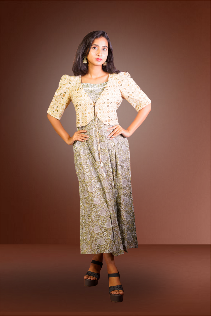 Green Cotton Anarkali Kurti with Detachable Jacket