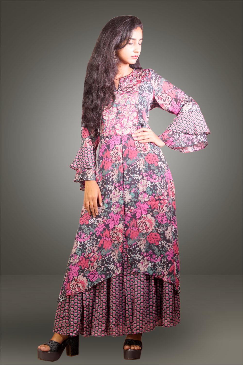 Multicolor Georgette Printed with Beads Embroidered Kurti