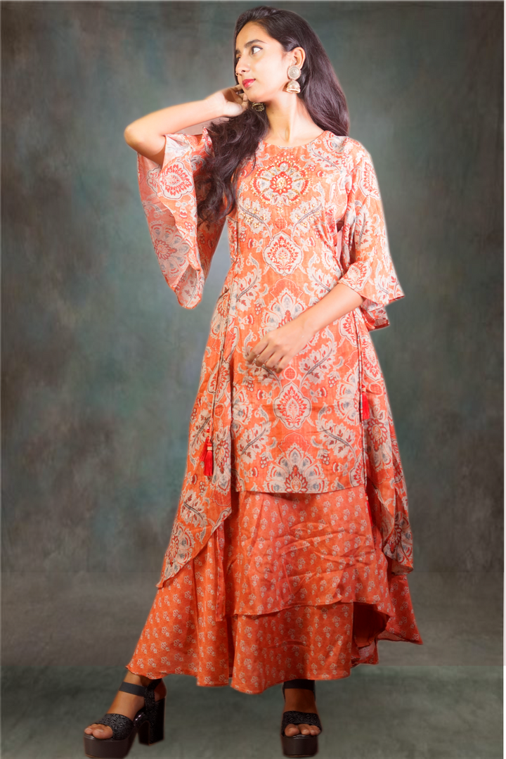 Georgette Printed with Beads Work Orange Kurti