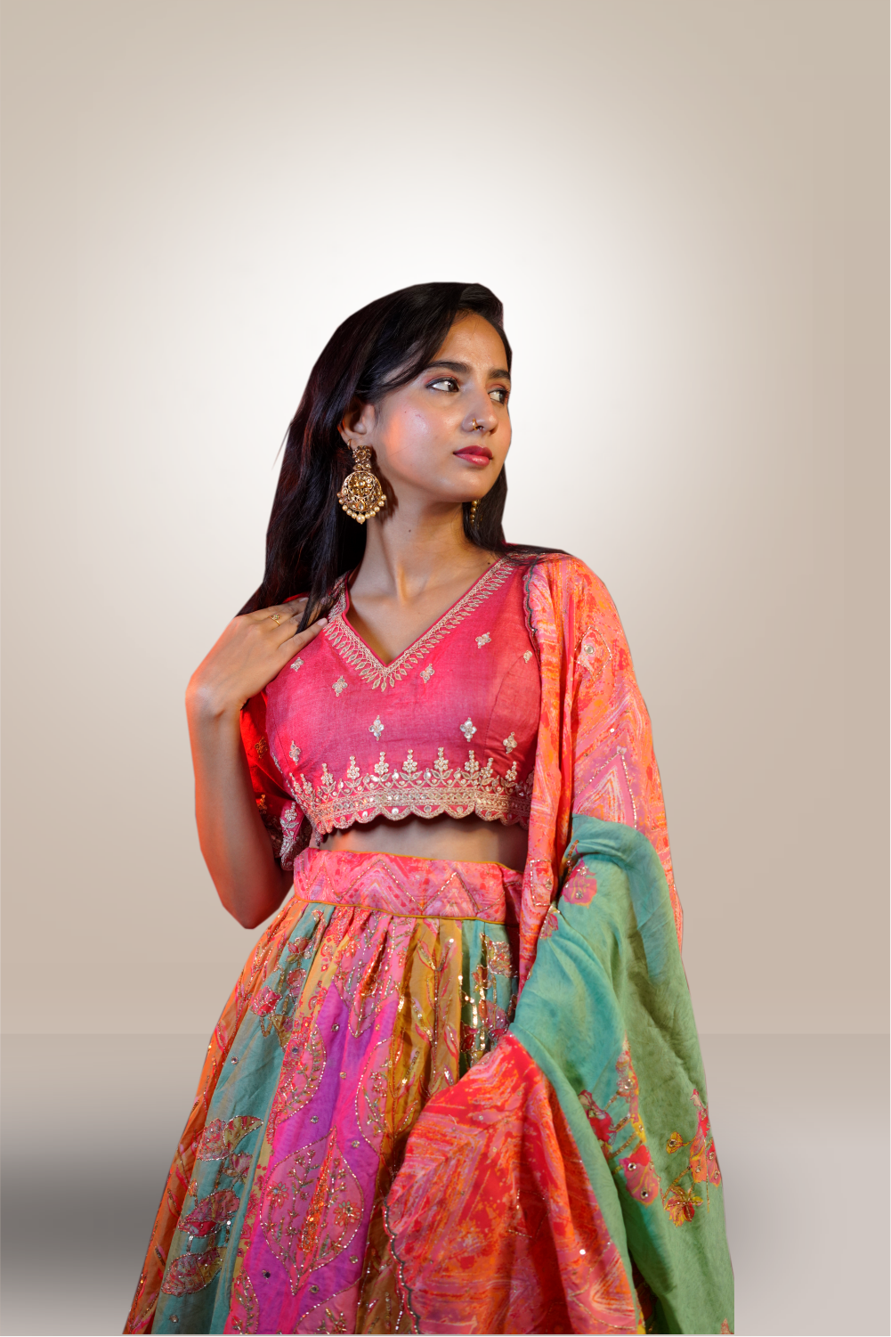 Multicolor Silk Lehenga with Mirror and Beads Work