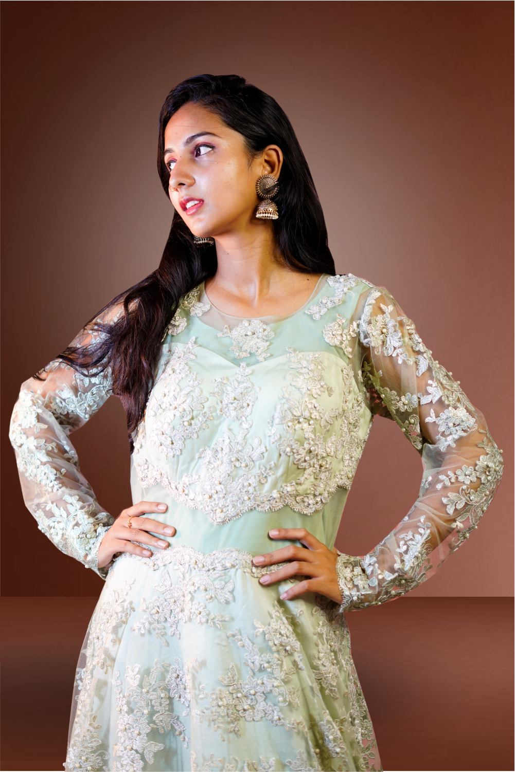 Pastel Green Net Embroidered with Pearl Work Anarkali Suit