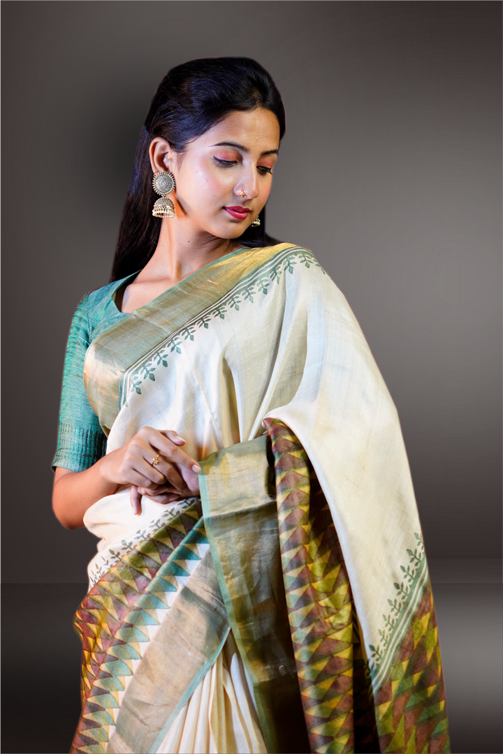 Beautiful Hand Worked Tussar Silk With Antique Zari Border Saree