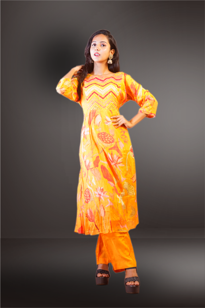 Mango Yellow Crepe Printed with Sequins Thread Work Anarkali Suit
