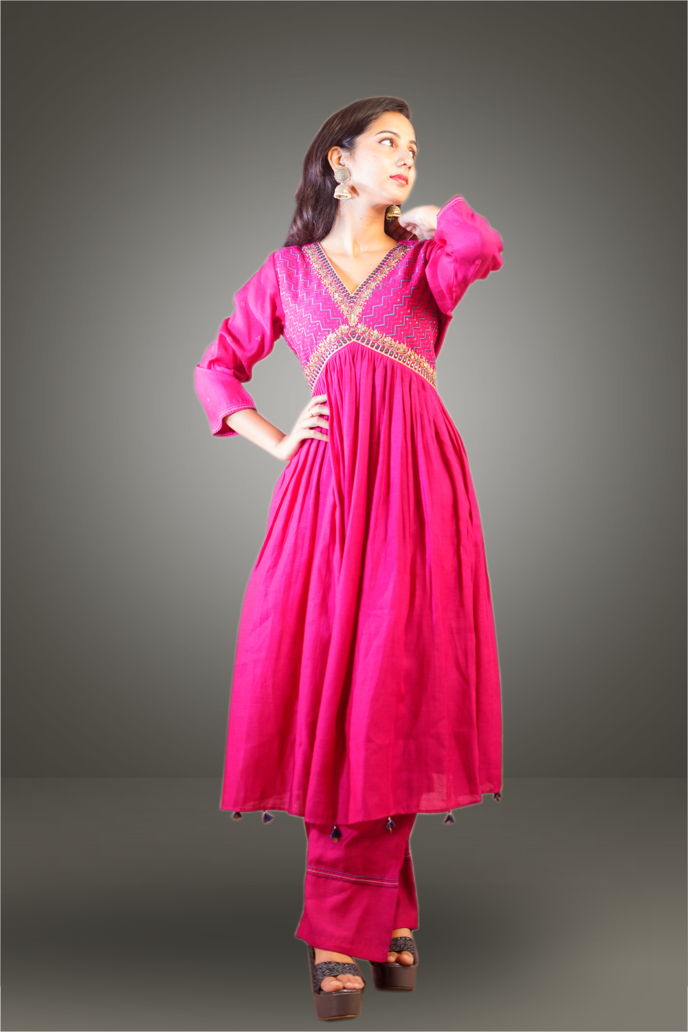 Aaliya Cut Embroidered with Mirror and Beads Work Dark Pink Anarkali Suit