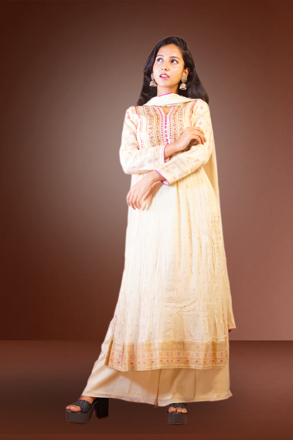 Silk Zari Weaving and Beads Embroidered Anarkali Suit