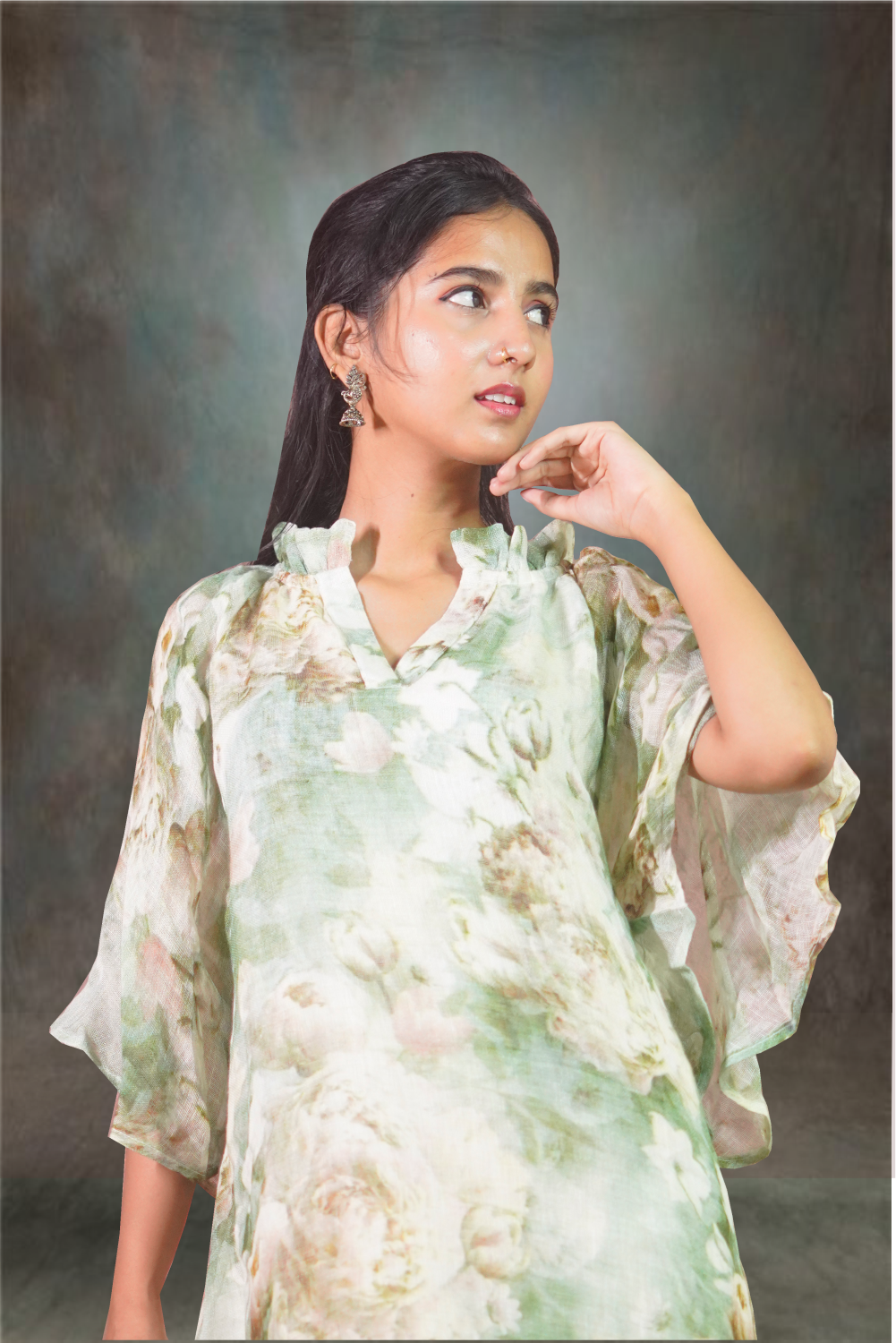 Pure Linen Printed Green Kurti