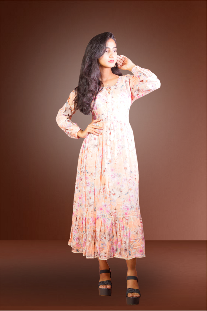 Light Orange Chanderi Floral Printed Gown