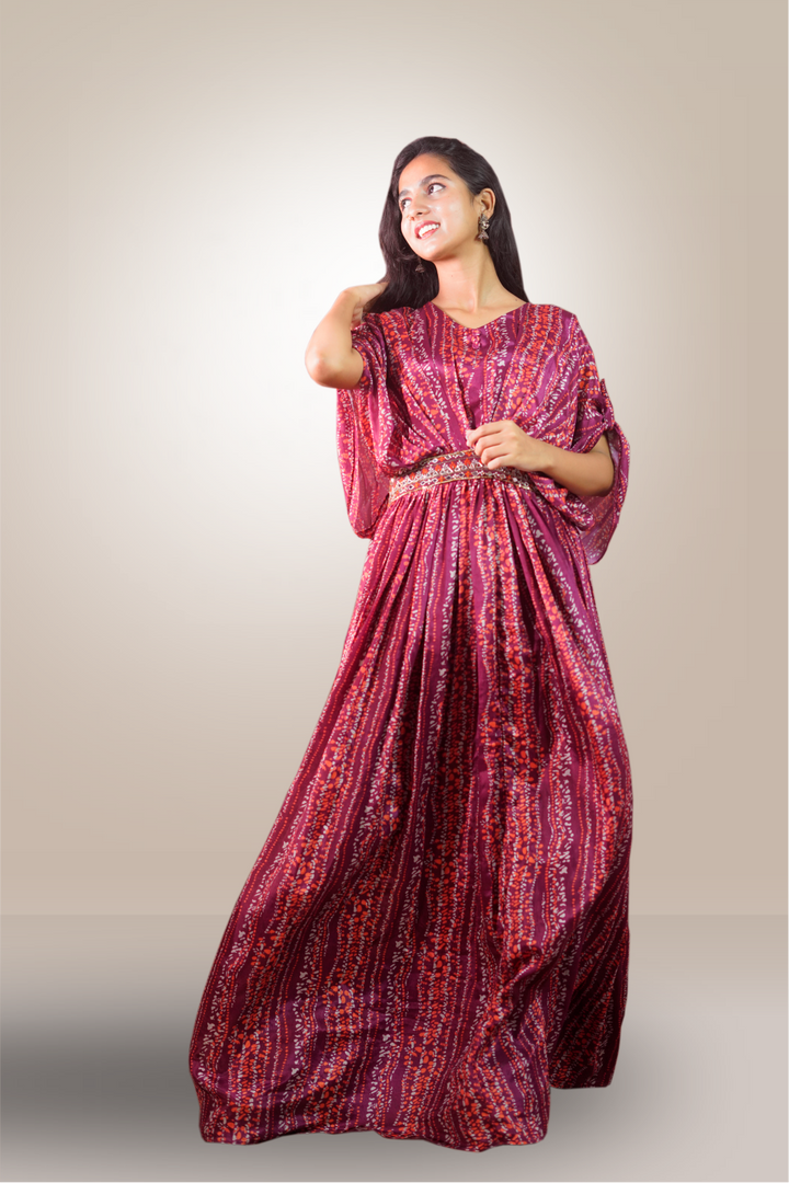 Semi Crepe Printed with Mirror Work Maxi Gown