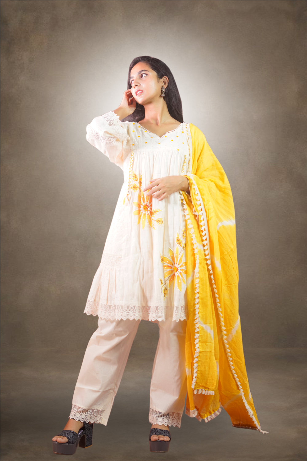 Cotton Embroidered Cut Work with Pearl and Beads Work Salwar Kameez