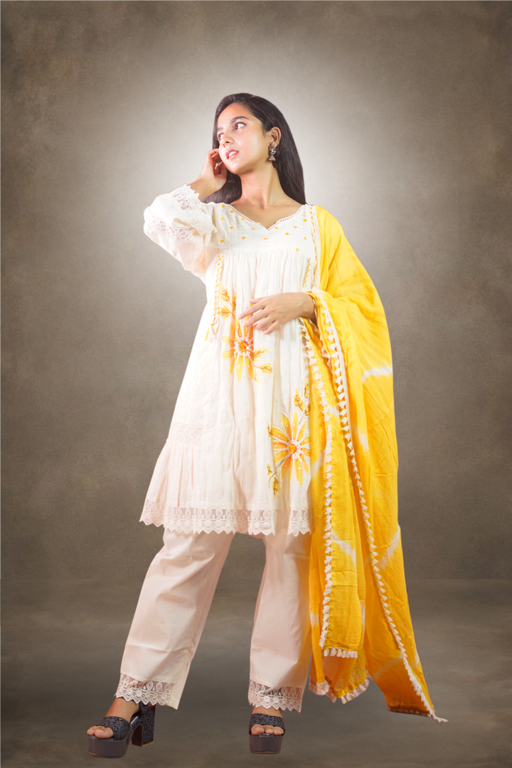 Cotton Embroidered Cut Work with Pearl and Beads Work Salwar Kameez