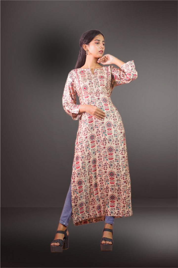 Cream Color Floral Printed Kurti