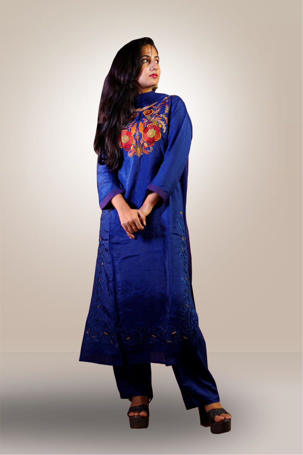 Semi Silk Thread Embroidered with Cut Work Salwar Kameez