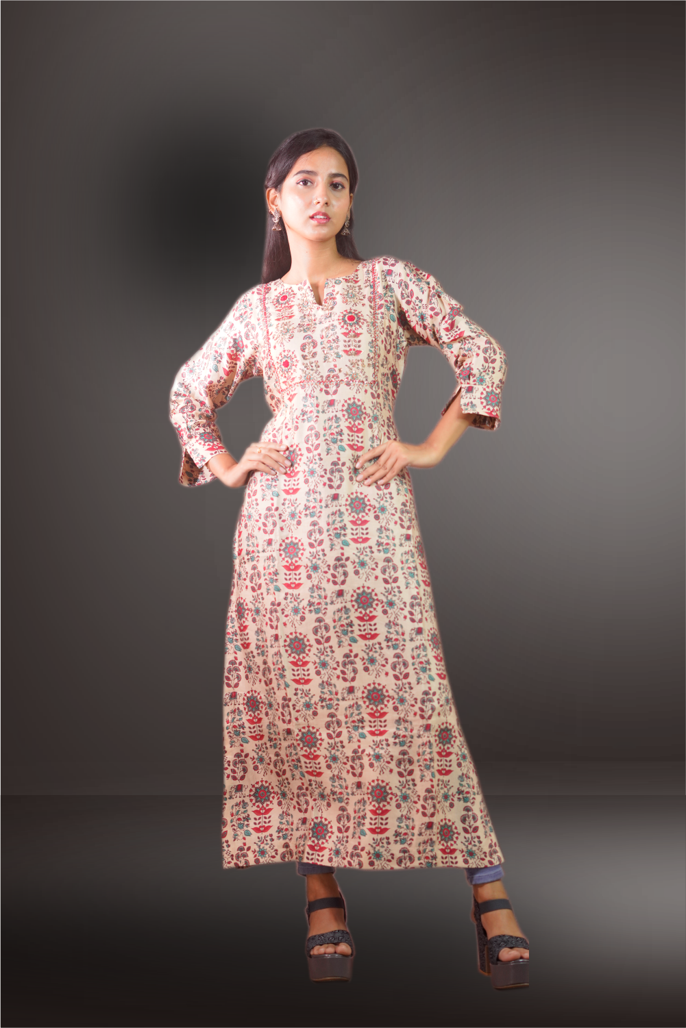 Cream Color Floral Printed Kurti