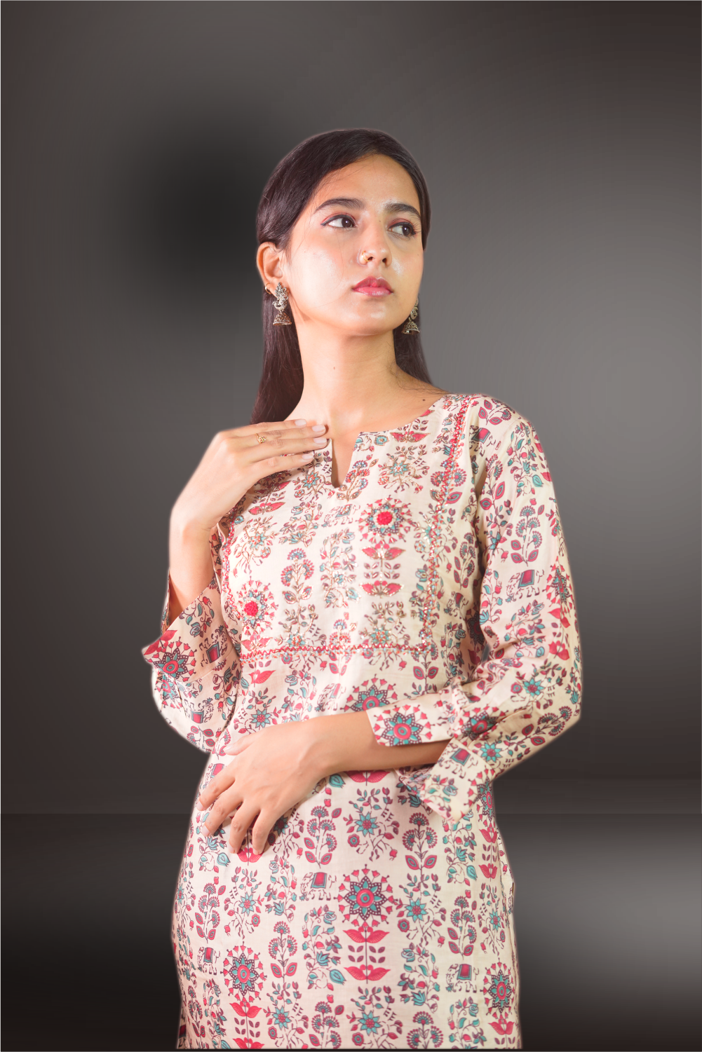 Cream Color Floral Printed Kurti