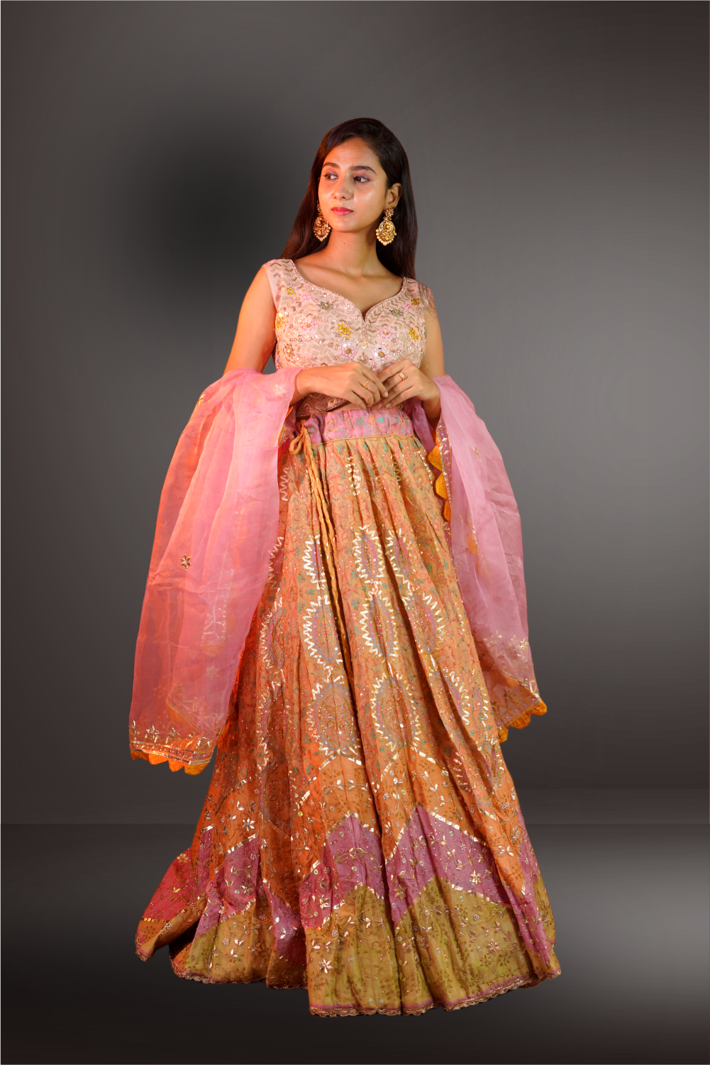 Gotta Patti Beads Work Silk Lehenga with Unstitched Blouse