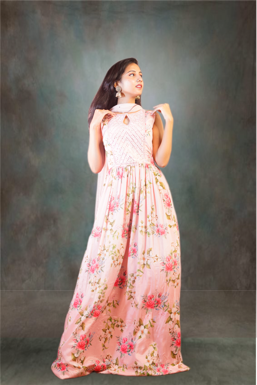 Art Silk Floral Printed with Mirror Work Anarkali Suit