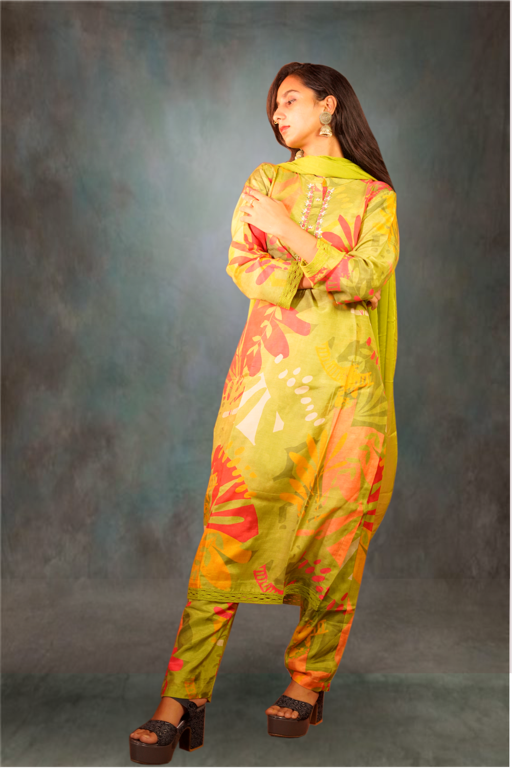 Green Color Cotton Chanderi Printed Straight Cut Salwar Kameez