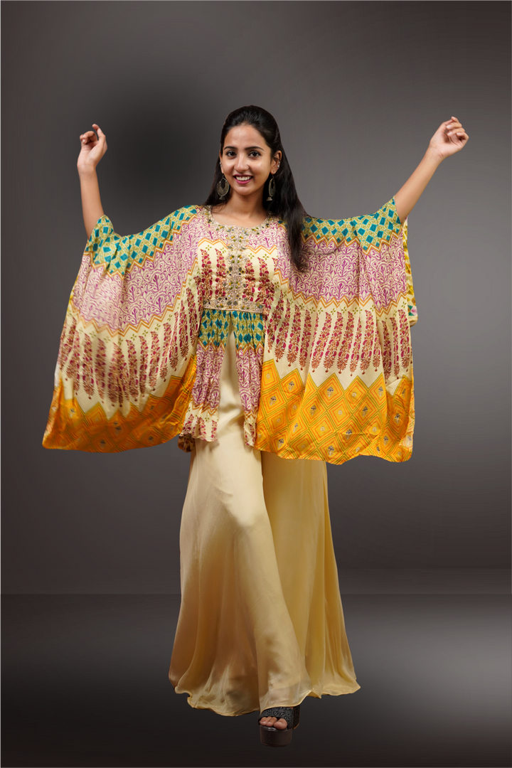 Multicolour Chiffon Base Short Top With Kaftan Sleeves