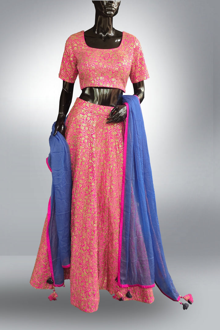 Golden Zari Work Raw Silk Pink Lehenga