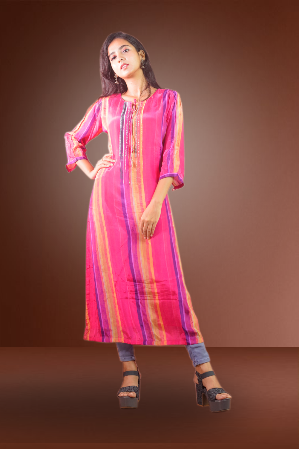 Multicolor Semi Crepe Kurti