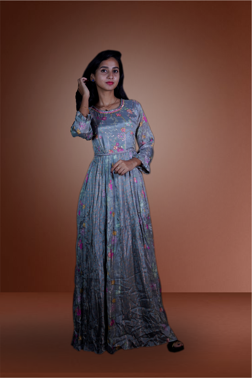 Chanderi Printed with Pearl and Sequins Work Gown