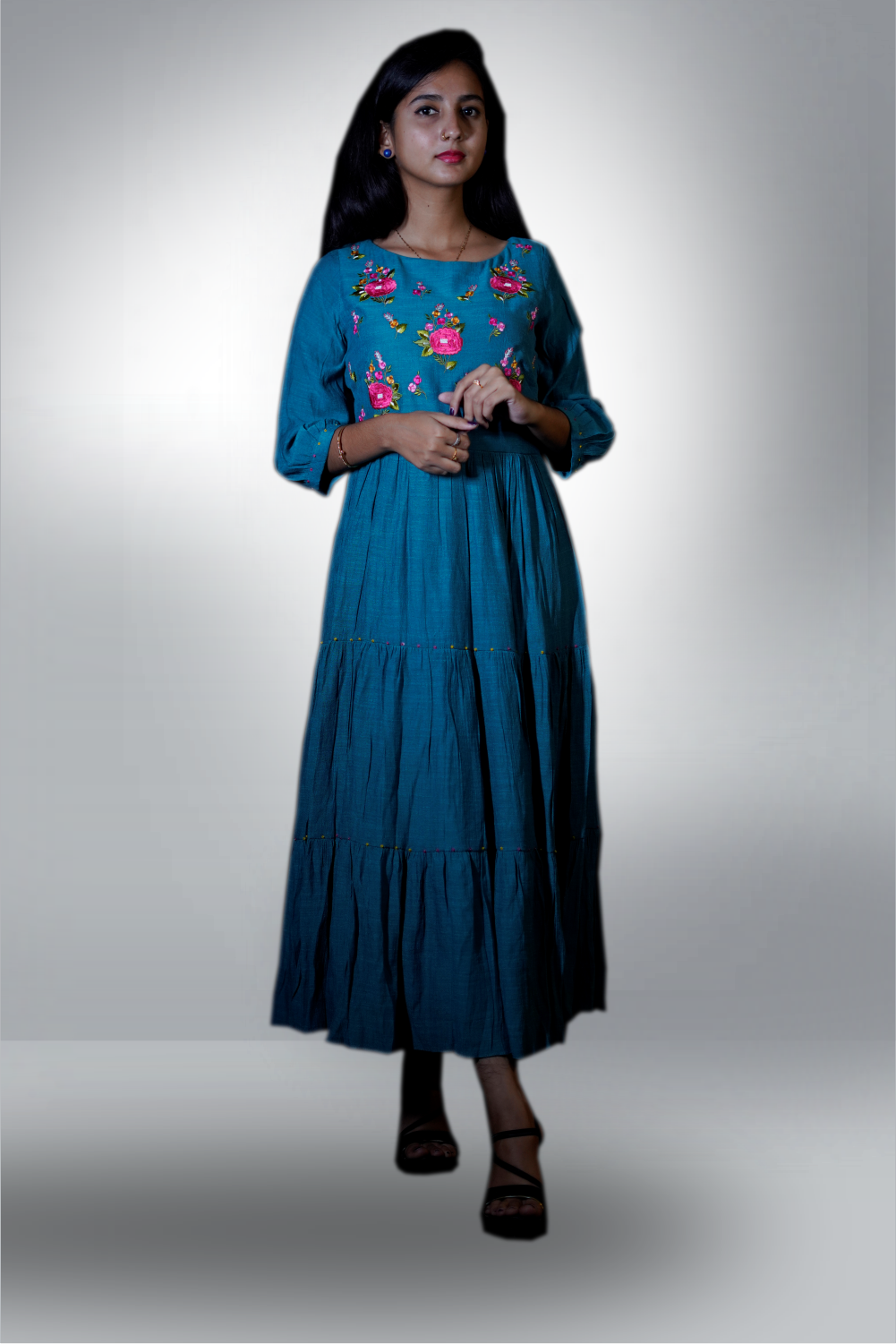 Ramar Blue Floral Embroidered Tiered Gown