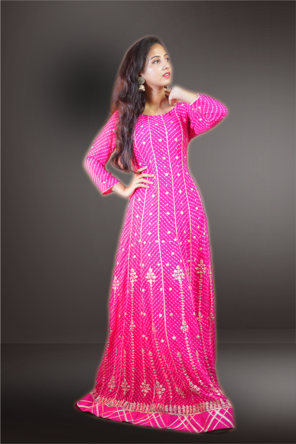 Pink Georgette Bhandani Printed with Embroidered Anarkali Suit