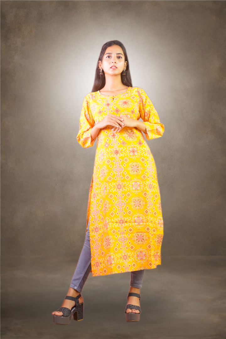 Digital Printed with Thread Embroidered Mango Yellow Kurti