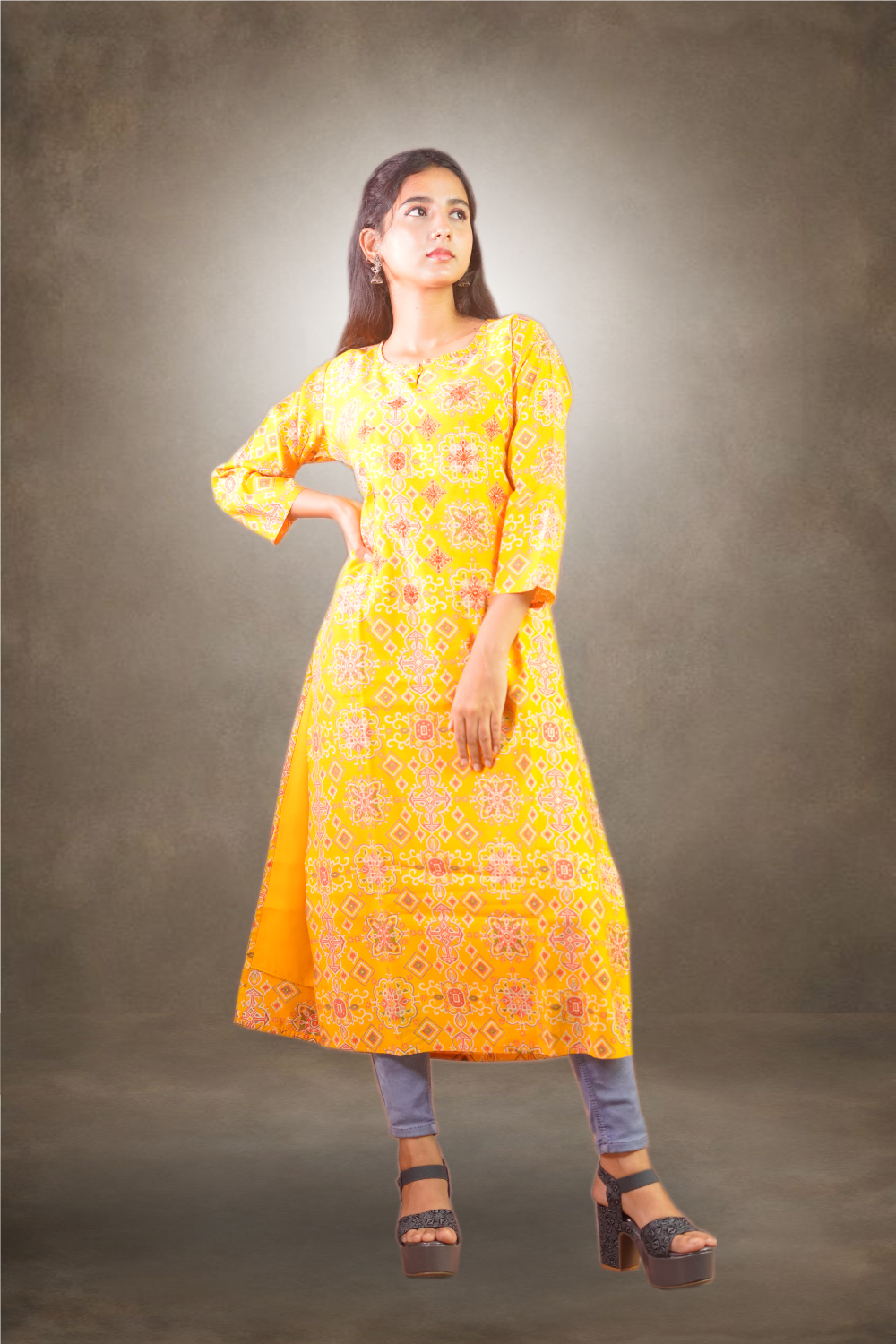 Digital Printed with Thread Embroidered Mango Yellow Kurti