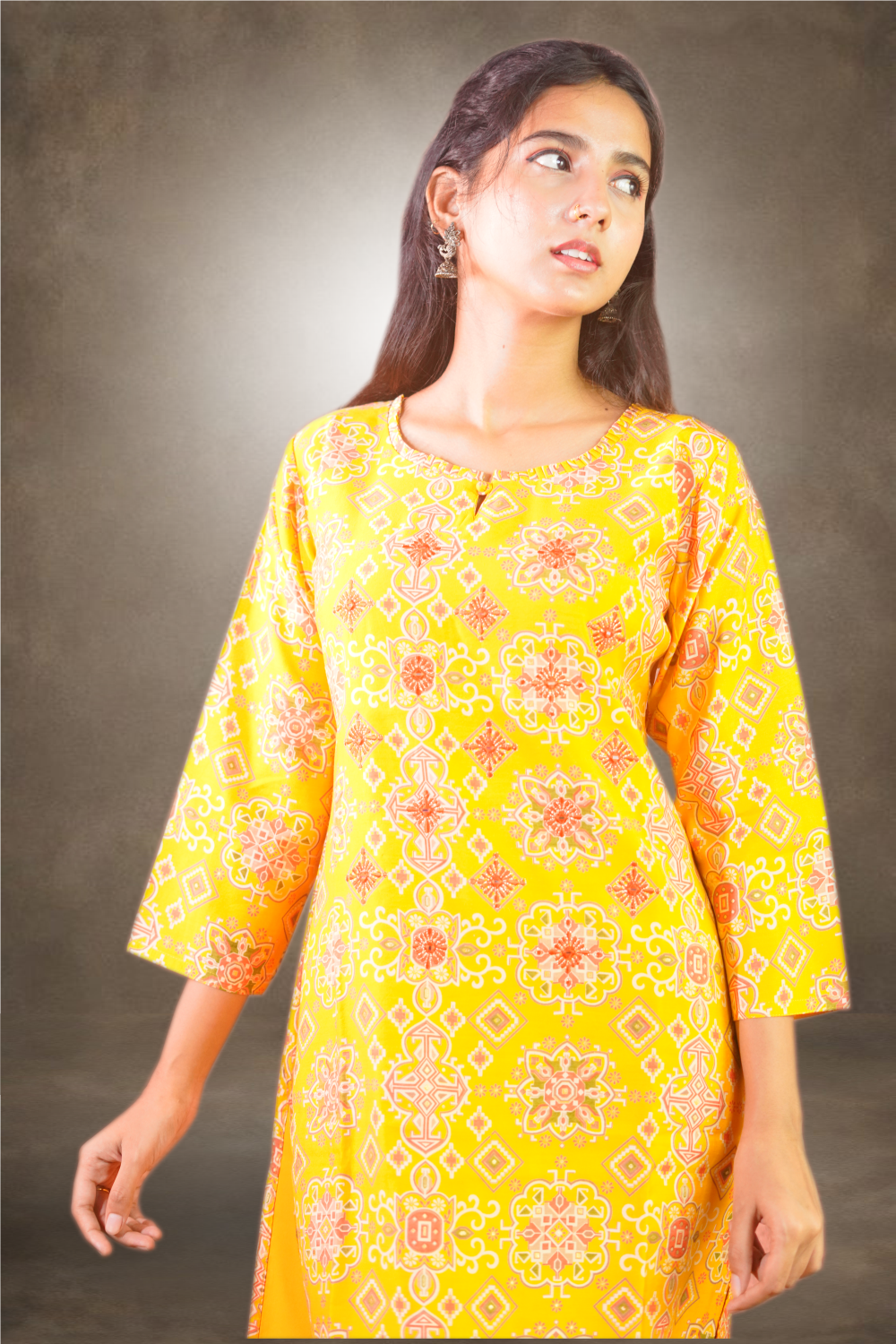 Digital Printed with Thread Embroidered Mango Yellow Kurti