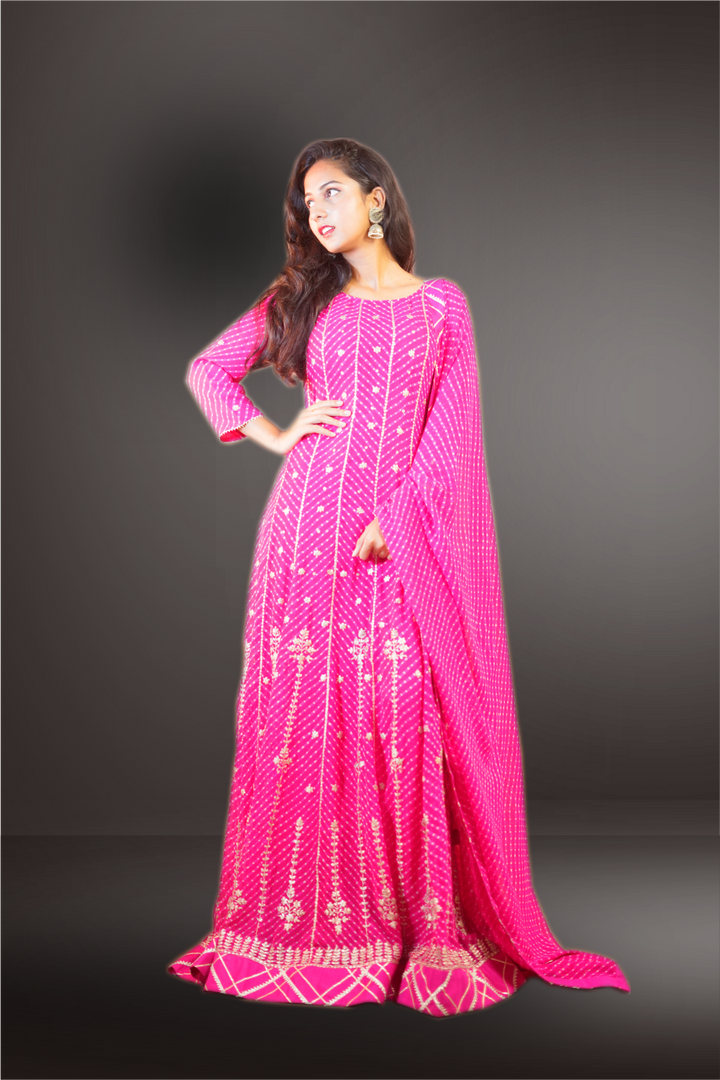 Pink Georgette Bhandani Printed with Embroidered Anarkali Suit