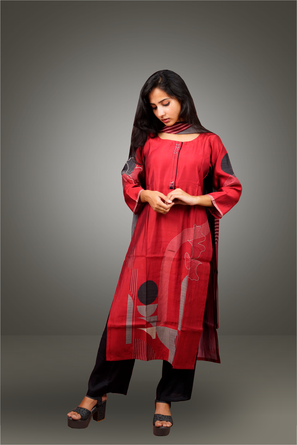 Maroon Russian Silk Straight Cut Salwar Kameez