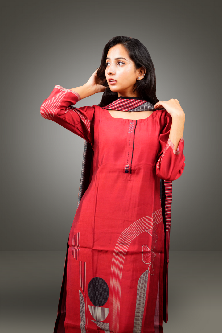 Maroon Russian Silk Straight Cut Salwar Kameez