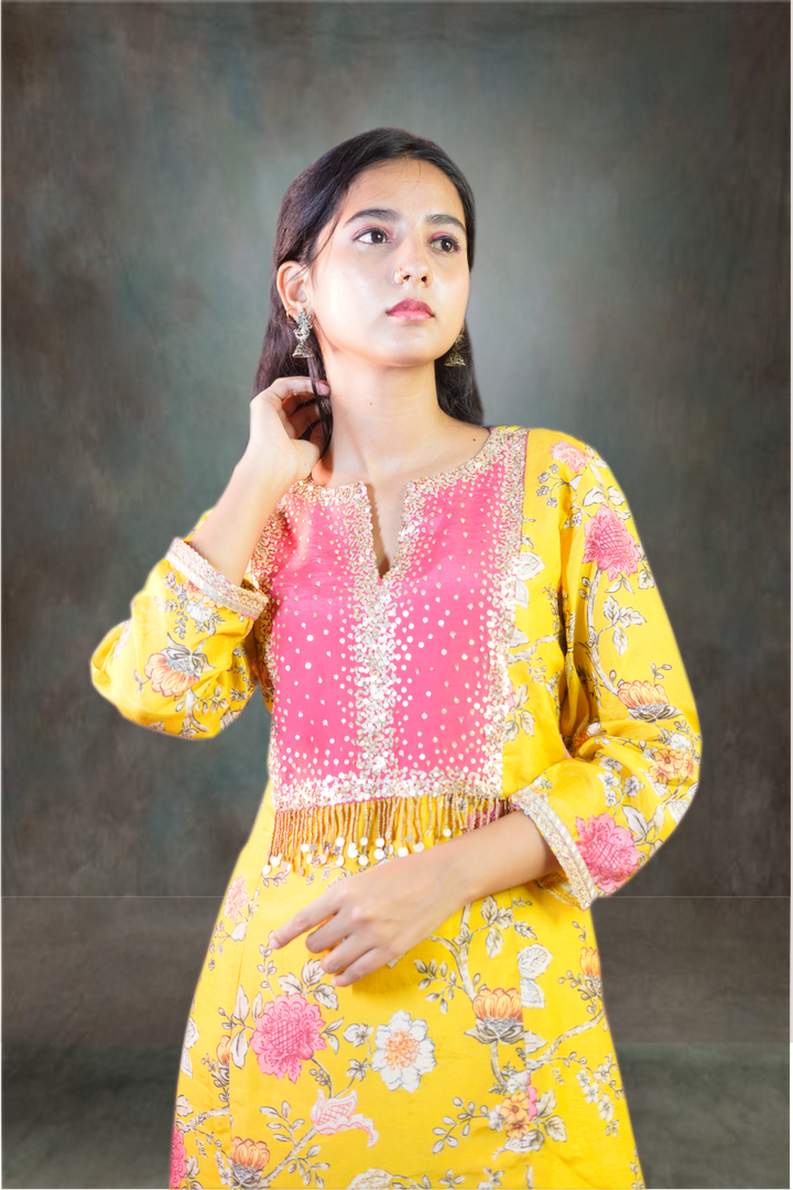 Crepe Yellow Printed Salwar Kameez