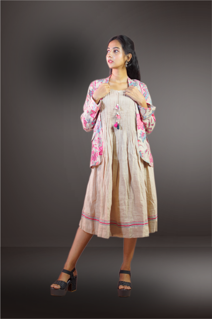 Linen Floral Printed Kurti with Detachable Jacket