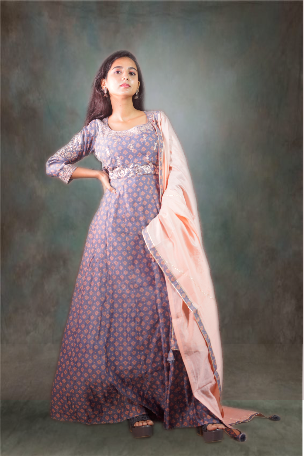 Grey Chanderi Printed with Embroidered Anarkali Suit