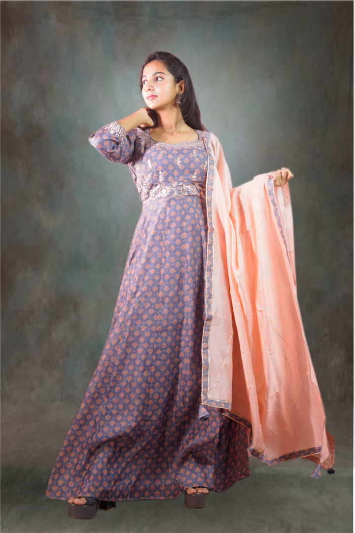 Grey Chanderi Printed with Embroidered Anarkali Suit