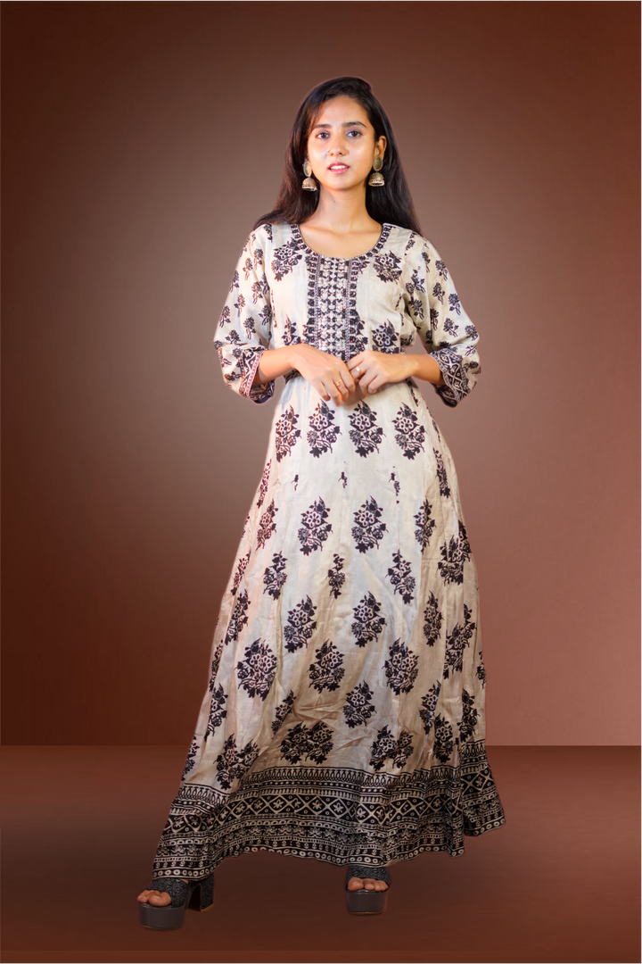 Chanderi Printed with Mirror Embroidered Grey Gown