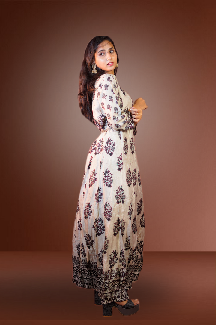 Chanderi Printed with Mirror Embroidered Grey Gown