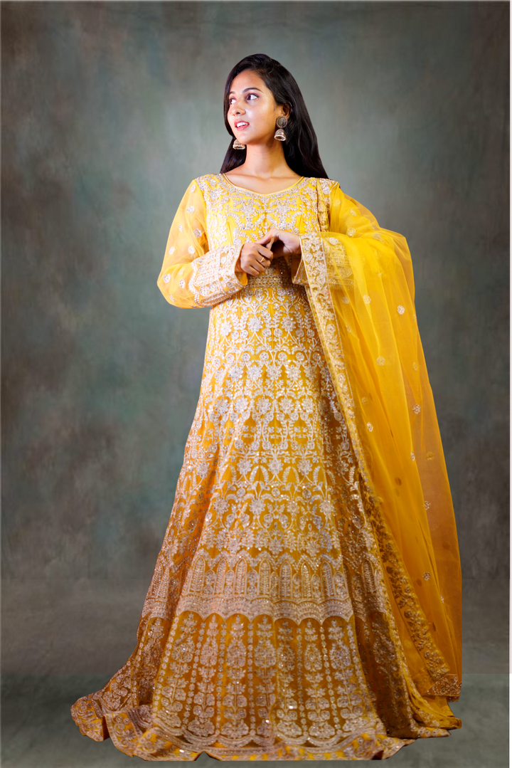 Yellow Net Embroidered with Stone Work Anarkali Suit