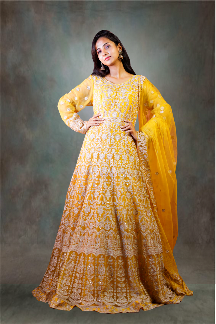 Yellow Net Embroidered with Stone Work Anarkali Suit