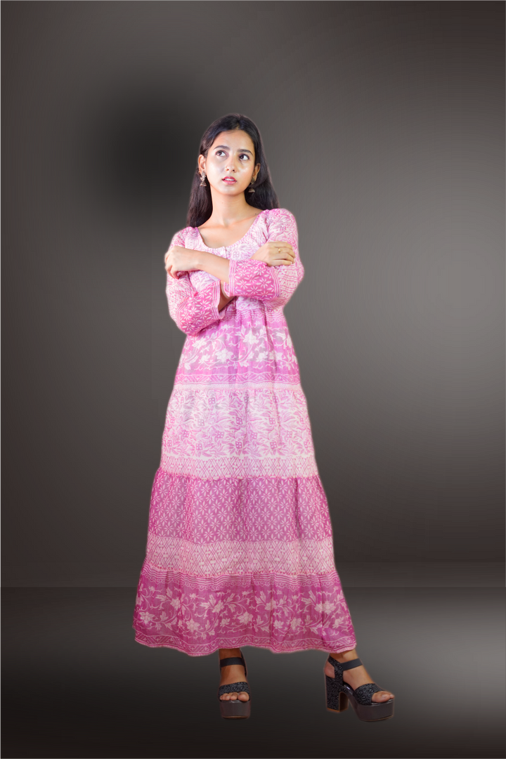 Pink Linen Printed Tiered Gown