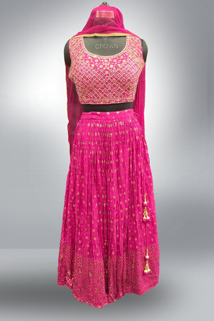 Dark Pink Thread Embroidery Mirror Work Lehenga