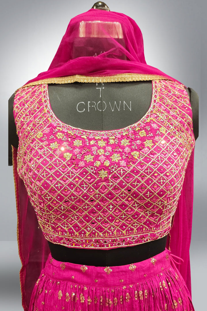 Dark Pink Thread Embroidery Mirror Work Lehenga