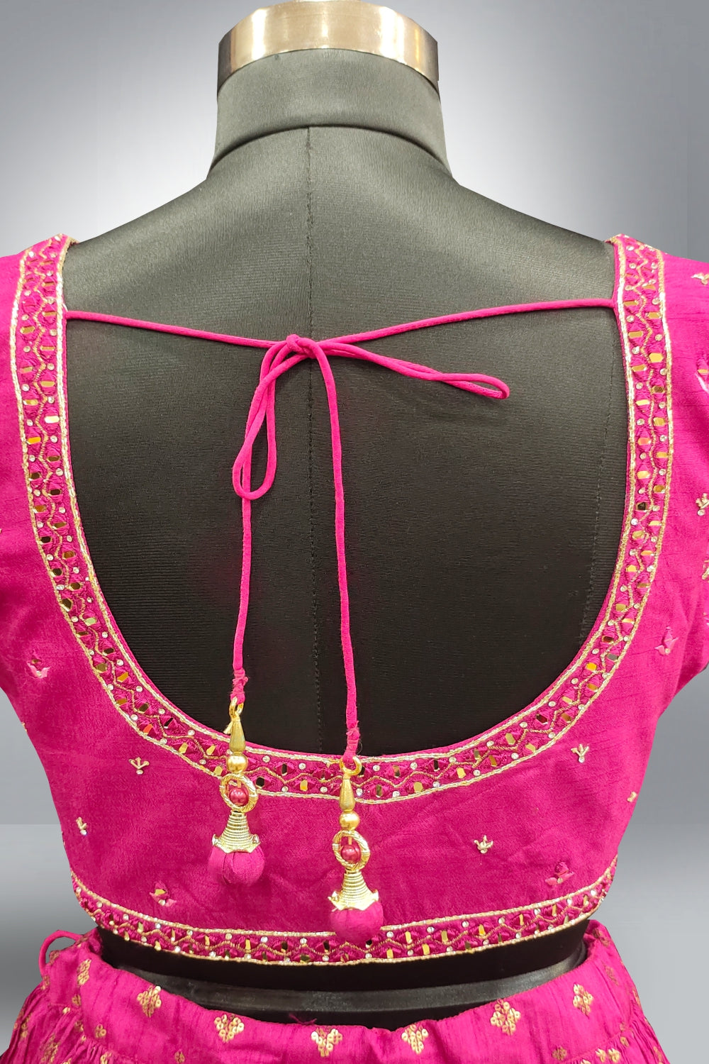 Dark Pink Thread Embroidery Mirror Work Lehenga
