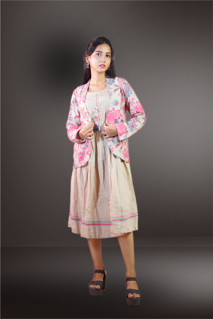 Linen Floral Printed Kurti with Detachable Jacket