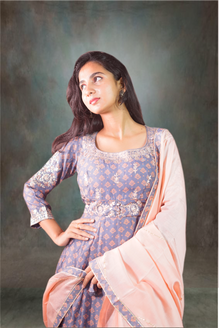 Grey Chanderi Printed with Embroidered Anarkali Suit