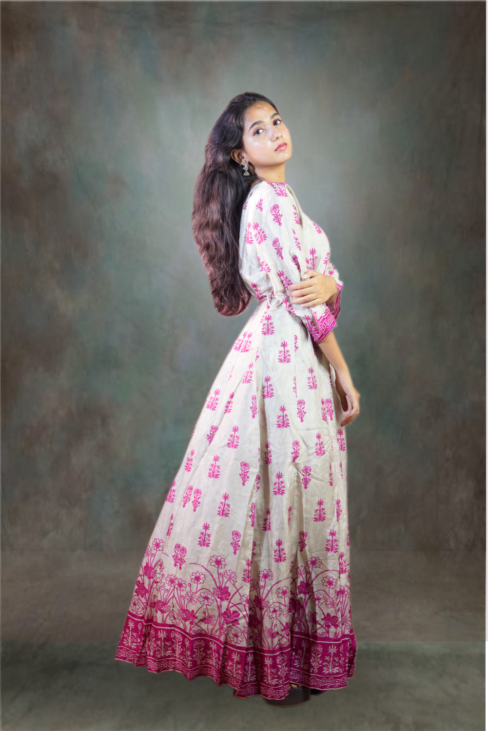 Pink Chanderi Printed with Mirror Embroidered Gown