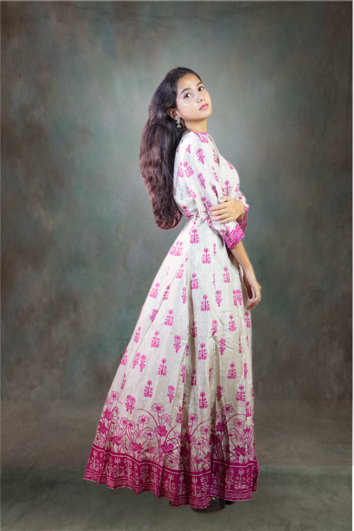 Pink Chanderi Printed with Mirror Embroidered Gown