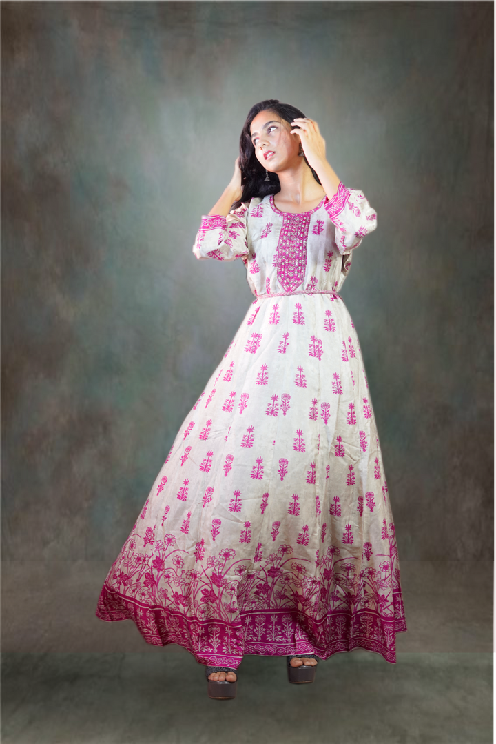 Pink Chanderi Printed with Mirror Embroidered Gown